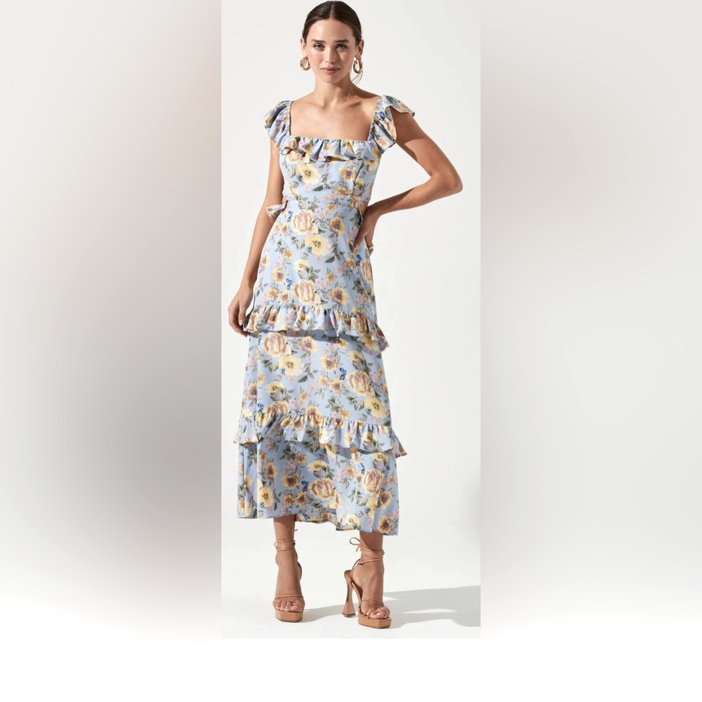 ASTR Lysette blue and yellow floral maxi tie back ruffle dress XS